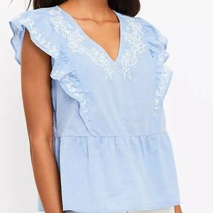 LOFT Petite Floral Embroidered Ruffle Peplum Top